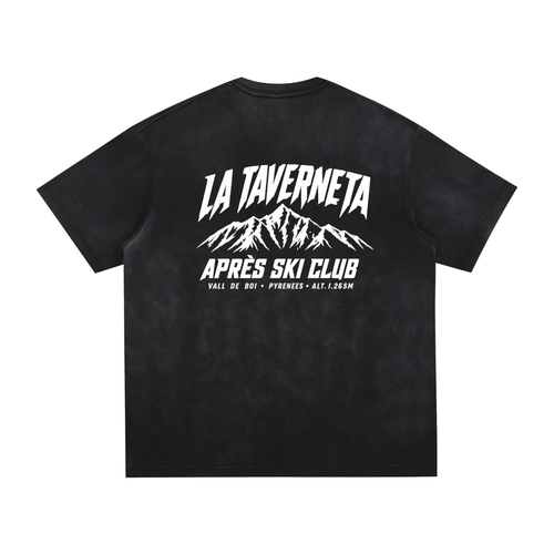 1974 WASHED TEE VINTAGE BLACK — detalle del deshilachado manual y la etiqueta LT